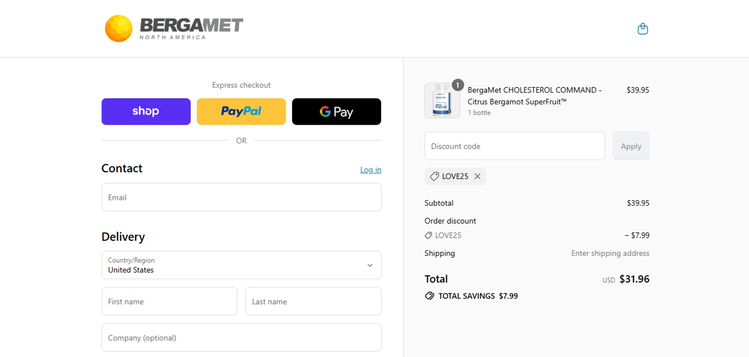 BergaMet North America promo code screenshot showing code LOVE25 applied at BergaMet North America checkout page. Uploaded by SimplyCodes community member juanisaac on Aug 29, 2025
