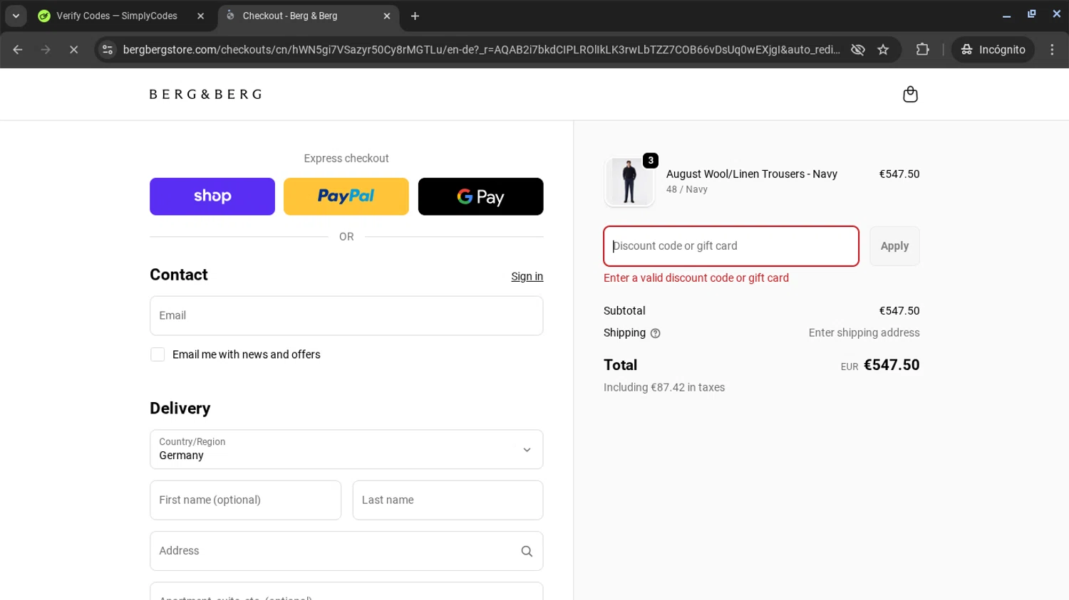 Berg & Berg discount code screenshot showing code LASTDAY applied at Berg & Berg checkout page. Uploaded by SimplyCodes community member AVAMUSTANG on Nov 25, 2025
