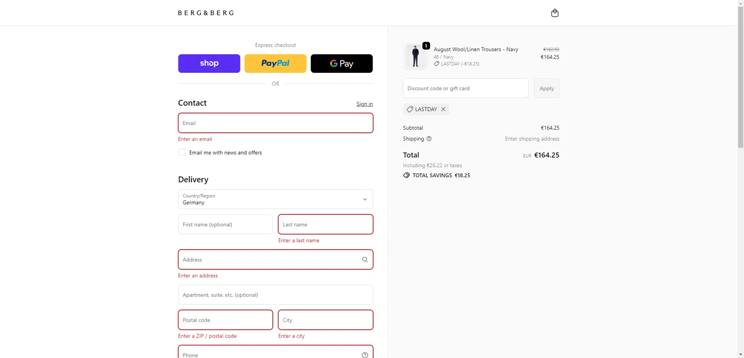 Berg & Berg discount code screenshot showing code LASTDAY applied at Berg & Berg checkout page. Uploaded by SimplyCodes community member TreasureKnight4134 on Nov 20, 2025
