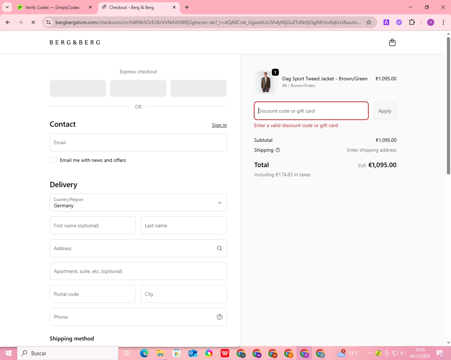 Berg & Berg discount code screenshot showing code weekend20 applied at Berg & Berg checkout page. Uploaded by SimplyCodes community member PromoWizard9762 on Dec 5, 2025
