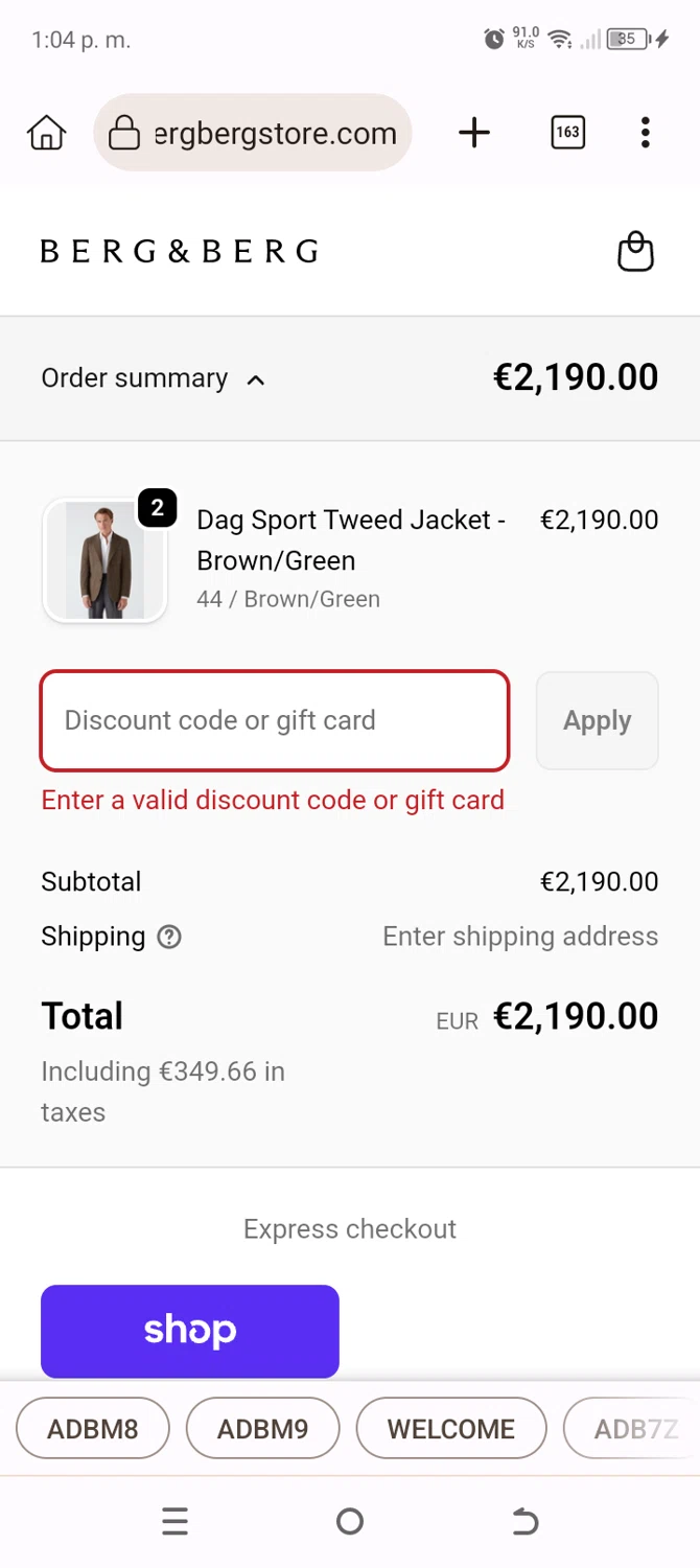 Berg & Berg discount code screenshot showing code weekend20 applied at Berg & Berg checkout page. Uploaded by SimplyCodes community member Typer19 on Dec 5, 2025