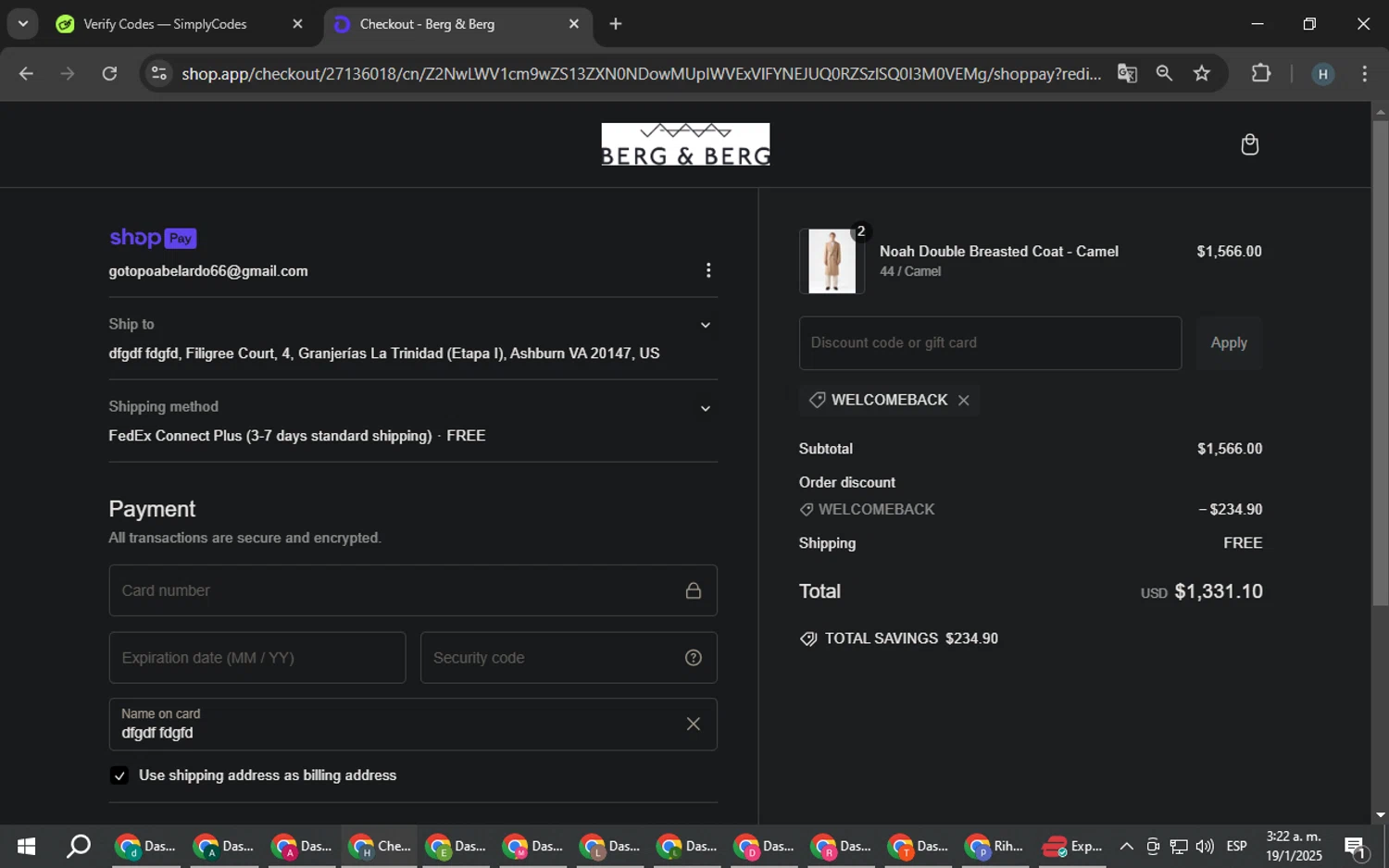 Berg & Berg discount code screenshot showing code WELCOMEBACK applied at Berg & Berg checkout page. Uploaded by SimplyCodes community member YAMAHA on Jan 19, 2025