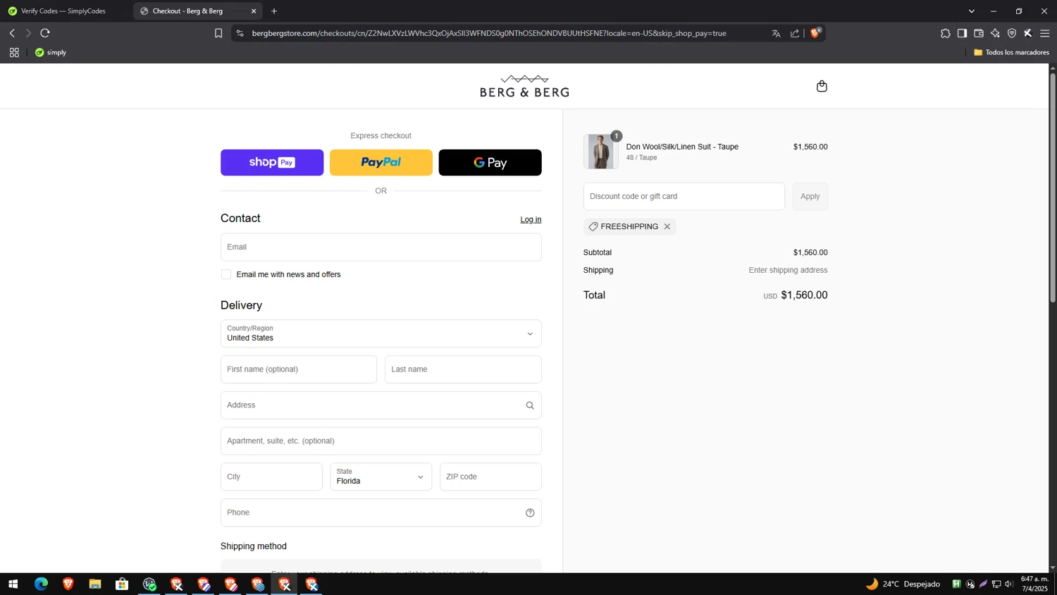Berg & Berg discount code screenshot showing code FREESHIPPING applied at Berg & Berg checkout page. Uploaded by SimplyCodes community member TreasureEagle7585 on Apr 7, 2025