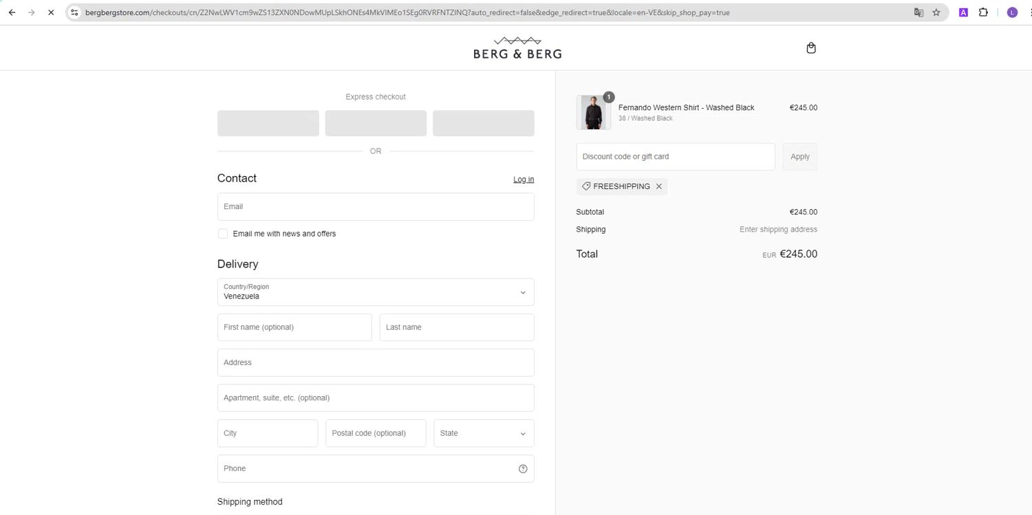 Berg & Berg discount code screenshot showing code FREESHIPPING applied at Berg & Berg checkout page. Uploaded by SimplyCodes community member NobleKnight286 on Feb 8, 2025