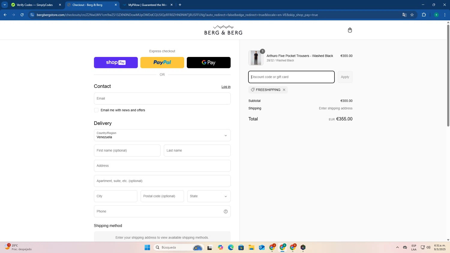 Berg & Berg discount code screenshot showing code FREESHIPPING applied at Berg & Berg checkout page. Uploaded by SimplyCodes community member FrugalExpert8809 on Mar 9, 2025