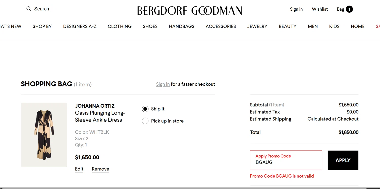 Bergdorf Goodman promo code screenshot showing code BGAUG applied at Bergdorf Goodman checkout page. Uploaded by SimplyCodes community member BrilliantVoyager5752 on Aug 18, 2025