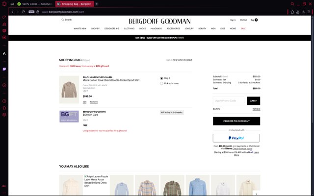 Bergdorf Goodman checkout page showing Bergdorf Goodman promo code box | Screenshot taken by SimplyCodes community member on Aug 12, 2025