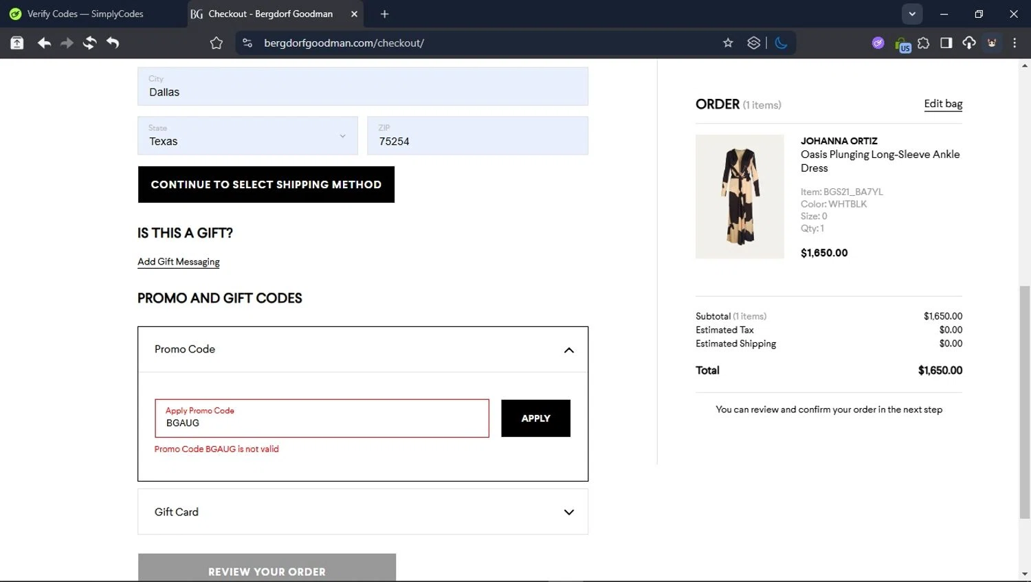 Bergdorf Goodman promo code screenshot showing code BGAUG applied at Bergdorf Goodman checkout page. Uploaded by SimplyCodes community member CleverPioneer8971 on Aug 18, 2025
