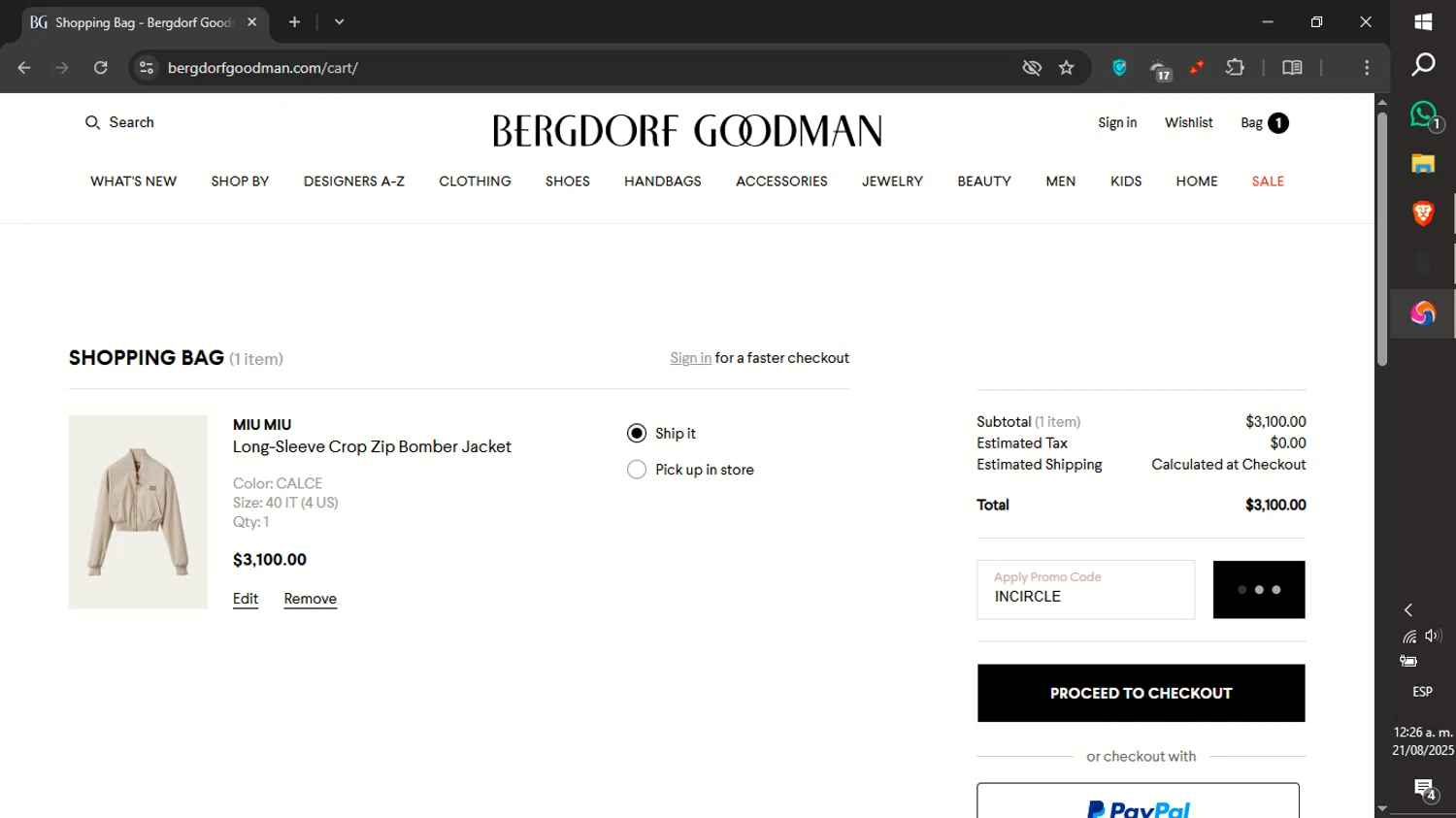 Bergdorf Goodman promo code screenshot showing code INCIRCLE applied at Bergdorf Goodman checkout page. Uploaded by SimplyCodes community member xXdevoragoticas69Xx on Aug 21, 2025