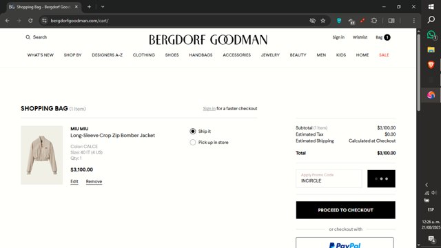 Bergdorf Goodman checkout page showing Bergdorf Goodman promo code box | Screenshot taken by SimplyCodes community member on Aug 21, 2025