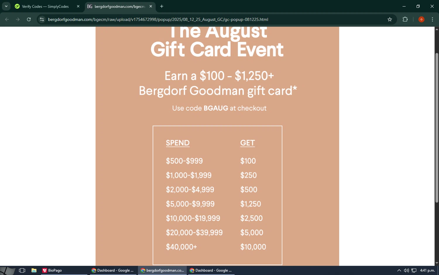 Bergdorf Goodman promo code screenshot showing code BGUG applied at Bergdorf Goodman checkout page. Uploaded by SimplyCodes community member CashAdmiral6490 on Aug 12, 2025