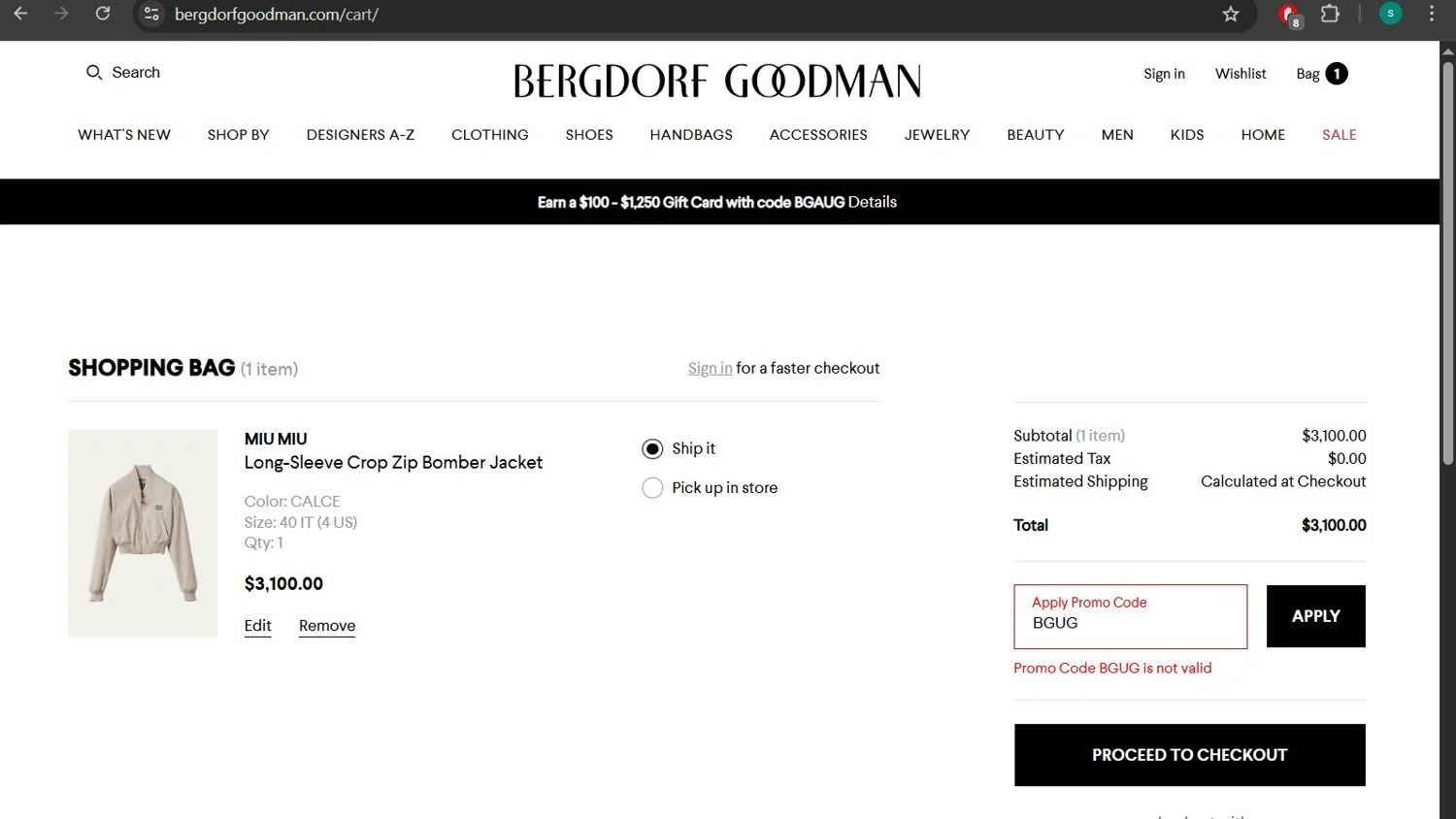 Bergdorf Goodman promo code screenshot showing code BGUG applied at Bergdorf Goodman checkout page. Uploaded by SimplyCodes community member Milaya on Aug 12, 2025
