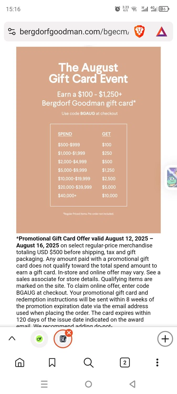 Bergdorf Goodman promo code screenshot showing code BGUG applied at Bergdorf Goodman checkout page. Uploaded by SimplyCodes community member dayselis15 on Aug 12, 2025