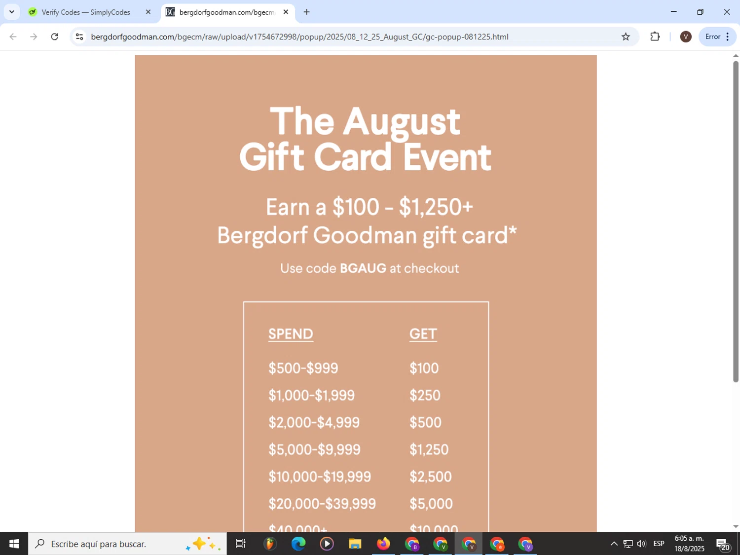 Bergdorf Goodman promo code screenshot showing code GAUG applied at Bergdorf Goodman checkout page. Uploaded by SimplyCodes community member CashLion3448 on Aug 18, 2025