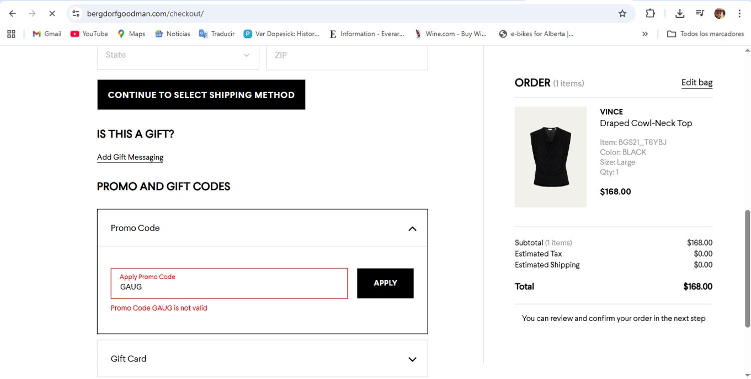 Bergdorf Goodman promo code screenshot showing code GAUG applied at Bergdorf Goodman checkout page. Uploaded by SimplyCodes community member DanyRey10 on Aug 18, 2025