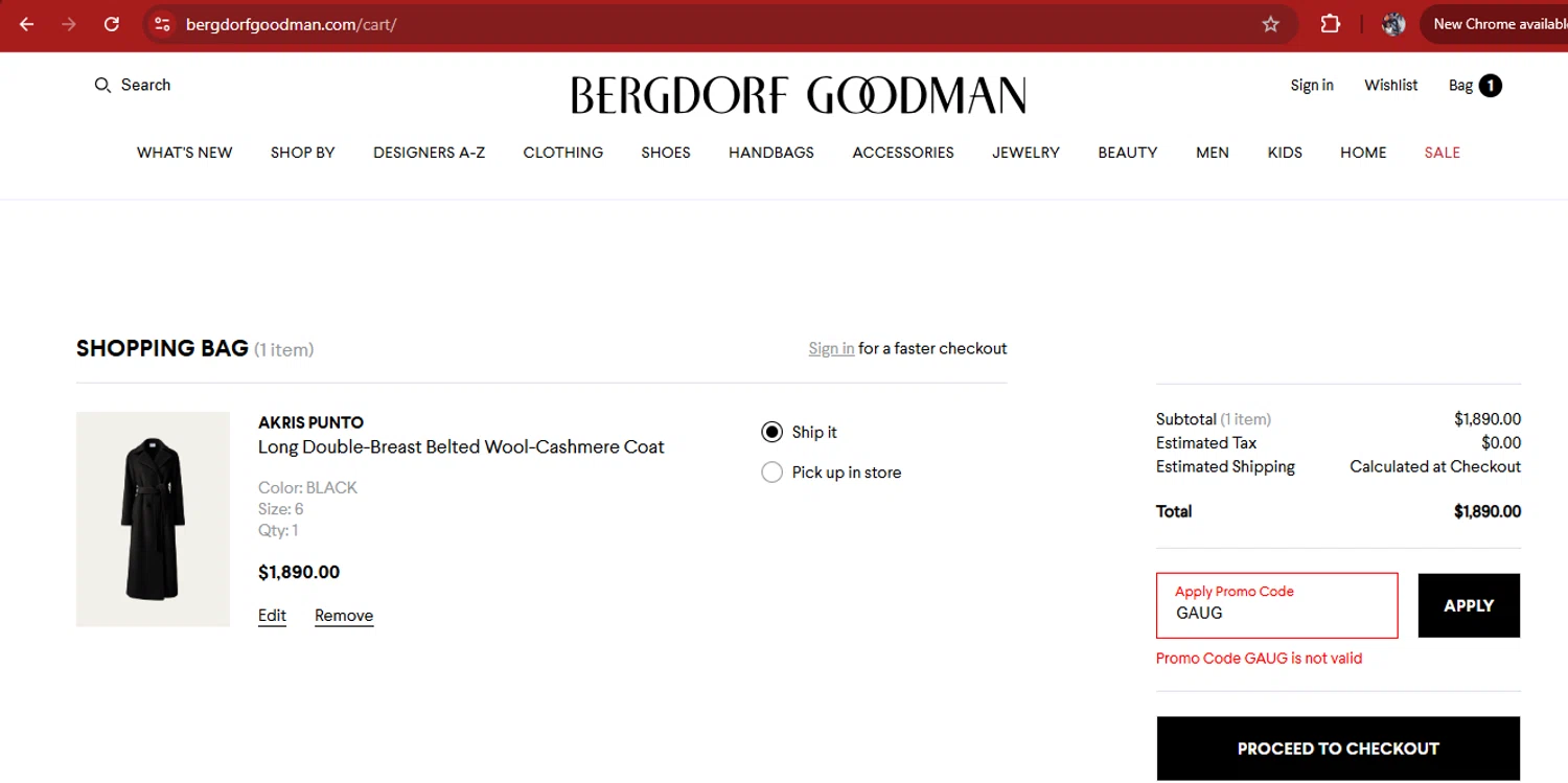 Bergdorf Goodman promo code screenshot showing code GAUG applied at Bergdorf Goodman checkout page. Uploaded by SimplyCodes community member kimberlinmartinez on Aug 18, 2025