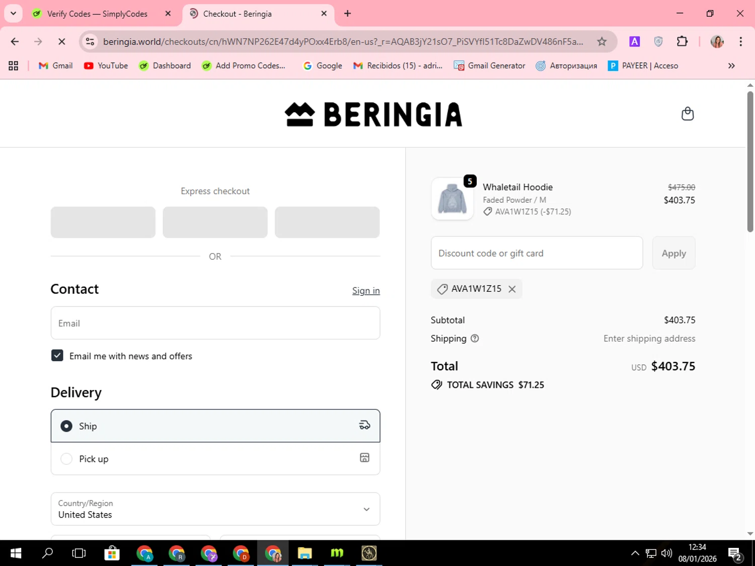 Beringia World promo code screenshot showing code AVA1W1Z15 applied at Beringia World checkout page. Uploaded by SimplyCodes community member SilverEagle2538 on Jan 8, 2026