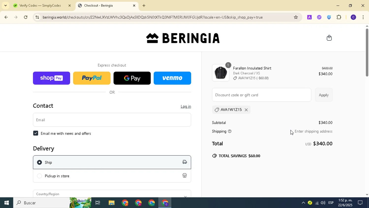 Beringia World promo code screenshot showing code AVA1W1Z15 applied at Beringia World checkout page. Uploaded by SimplyCodes community member alexanderarnold on Jun 22, 2025