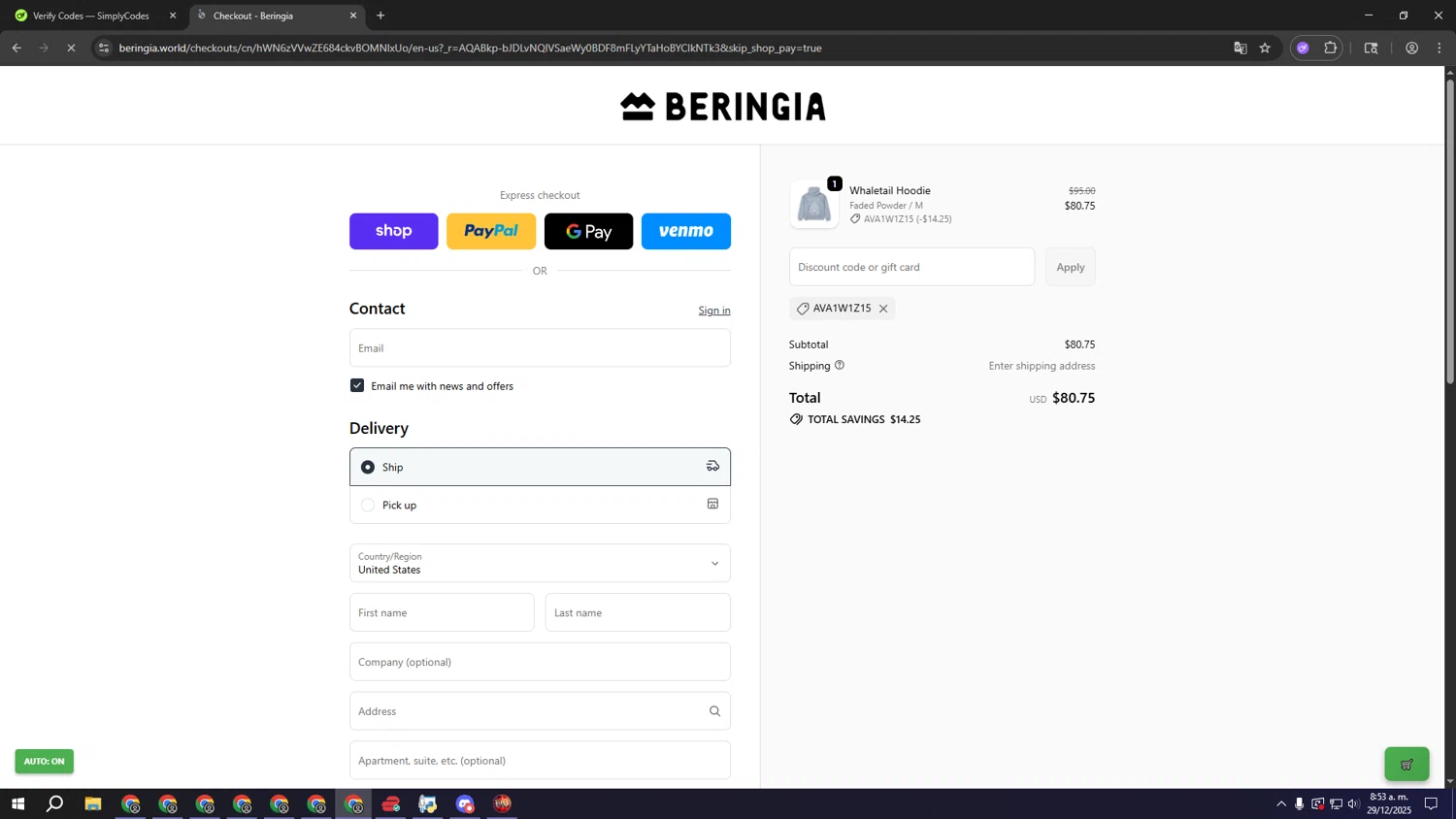 Beringia World promo code screenshot showing code AVA1W1Z15 applied at Beringia World checkout page. Uploaded by SimplyCodes community member rrrrrrrrrrrrrrrrrrrrrrrrr on Dec 29, 2025