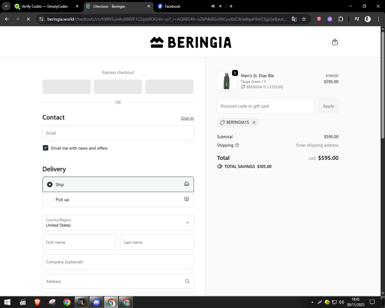 Beringia World promo code screenshot showing code BERINGIA15 applied at Beringia World checkout page. Uploaded by SimplyCodes community member CleverSentinel9441 on Nov 30, 2025