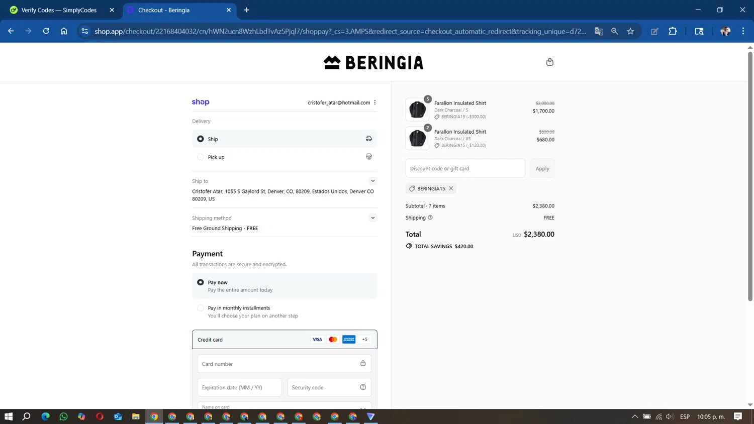 Beringia World promo code screenshot showing code BERINGIA15 applied at Beringia World checkout page. Uploaded by SimplyCodes community member DavidMGF on Sep 13, 2025