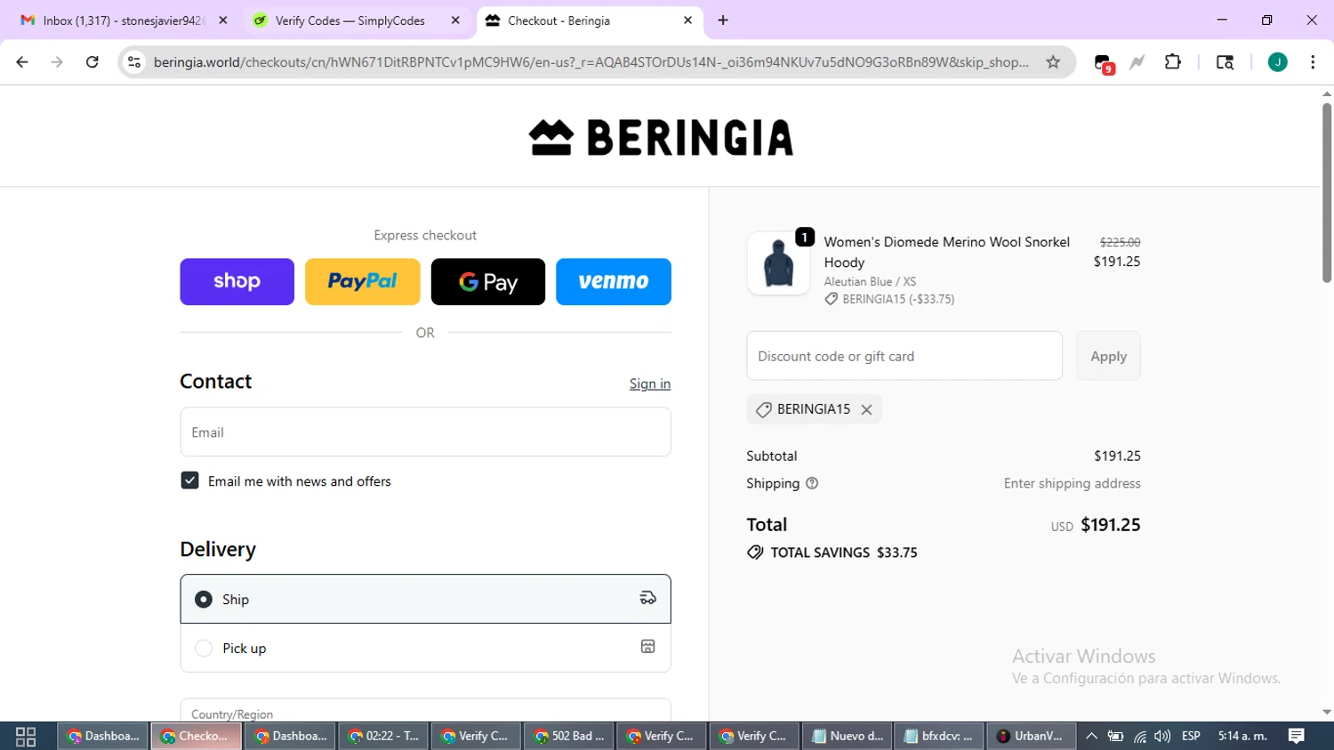 Beringia World promo code screenshot showing code BERINGIA15 applied at Beringia World checkout page. Uploaded by SimplyCodes community member SavvyCurator1770 on Dec 6, 2025