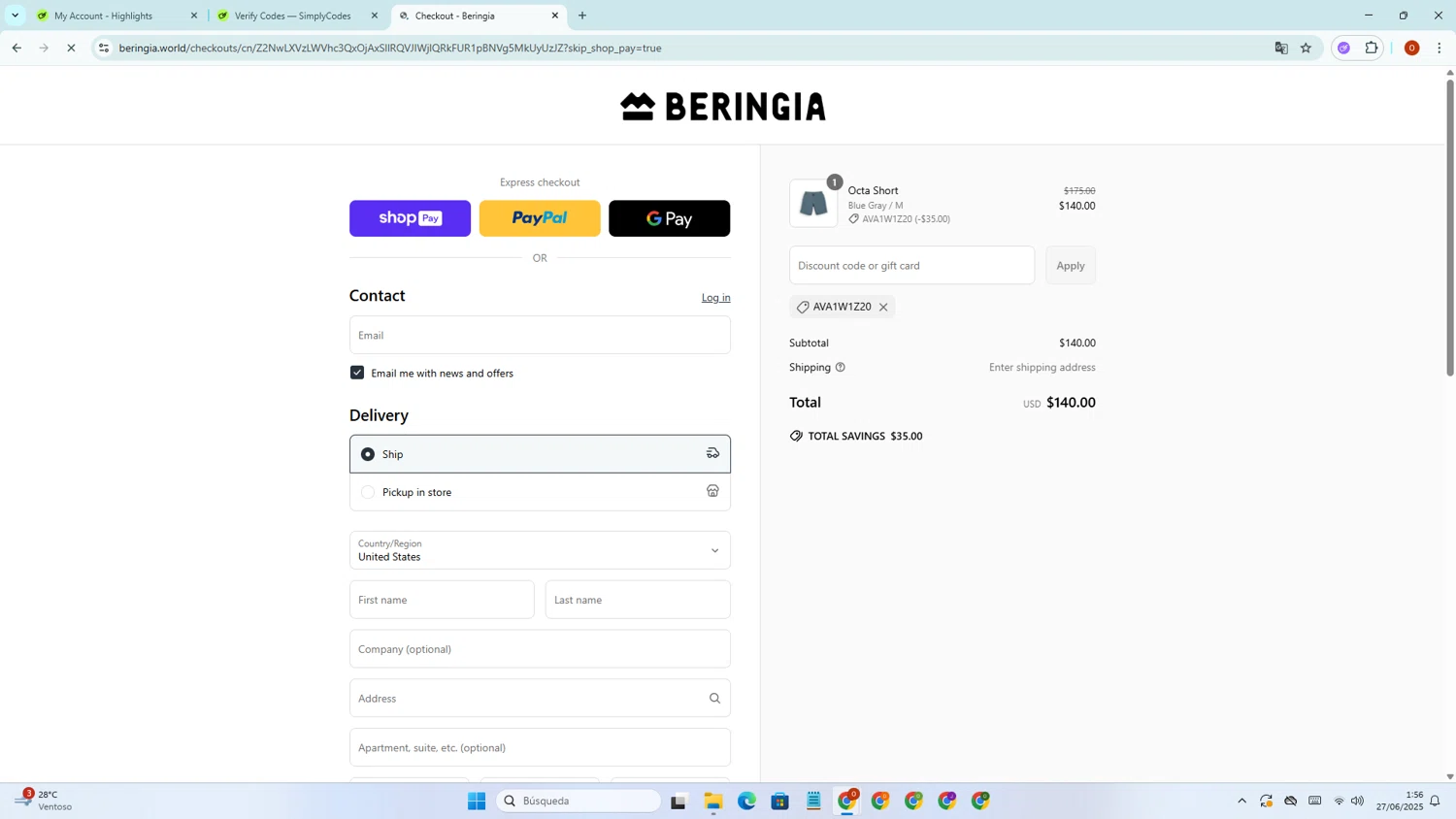 Beringia World promo code screenshot showing code ava1w1z20 applied at Beringia World checkout page. Uploaded by SimplyCodes community member BudgetFinder1805 on Jun 26, 2025