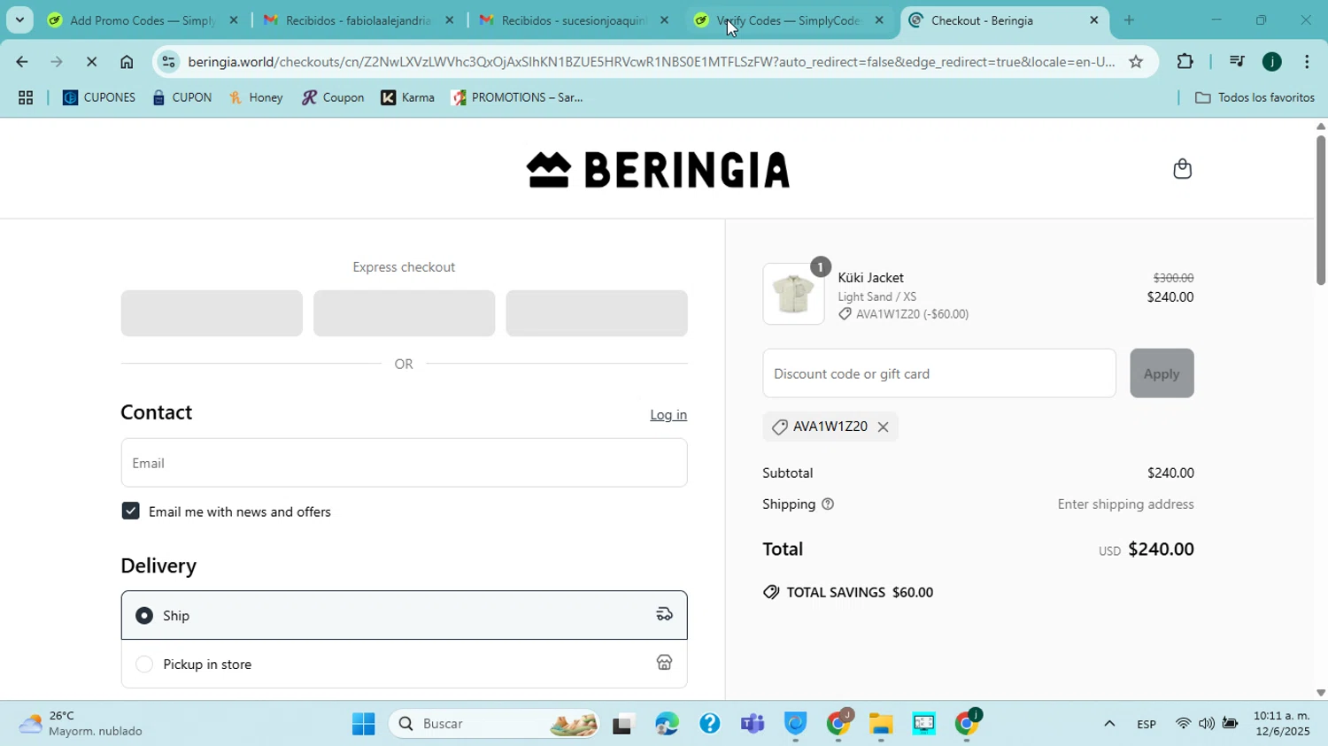 Beringia World promo code screenshot showing code ava1w1z20 applied at Beringia World checkout page. Uploaded by SimplyCodes community member jorgejavierherrera on Jun 12, 2025