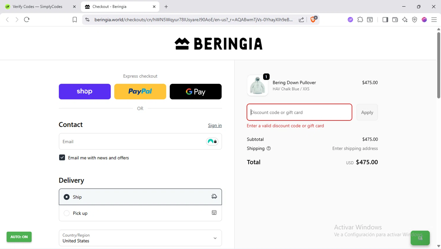 Beringia World promo code screenshot showing code THANKYOU2025 applied at Beringia World checkout page. Uploaded by SimplyCodes community member SapeGato on Nov 21, 2025