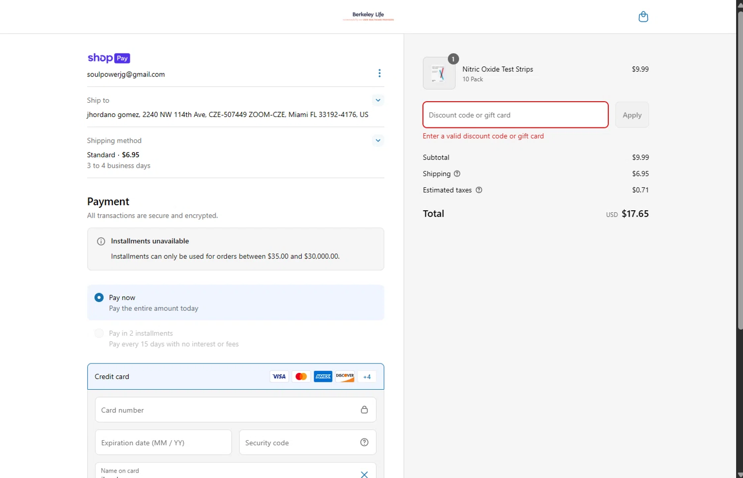 Berkeley Life coupon code screenshot showing code Grace15 applied at Berkeley Life checkout page. Uploaded by SimplyCodes community member SimplyGOAT on May 19, 2025
