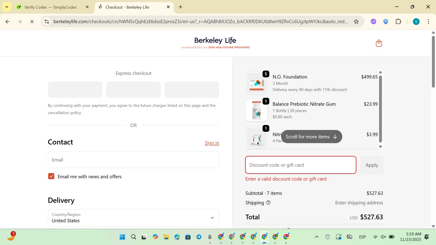 Berkeley Life coupon code screenshot showing code NITRIC15 applied at Berkeley Life checkout page. Uploaded by SimplyCodes community member CodeLegend9596 on Nov 23, 2025
