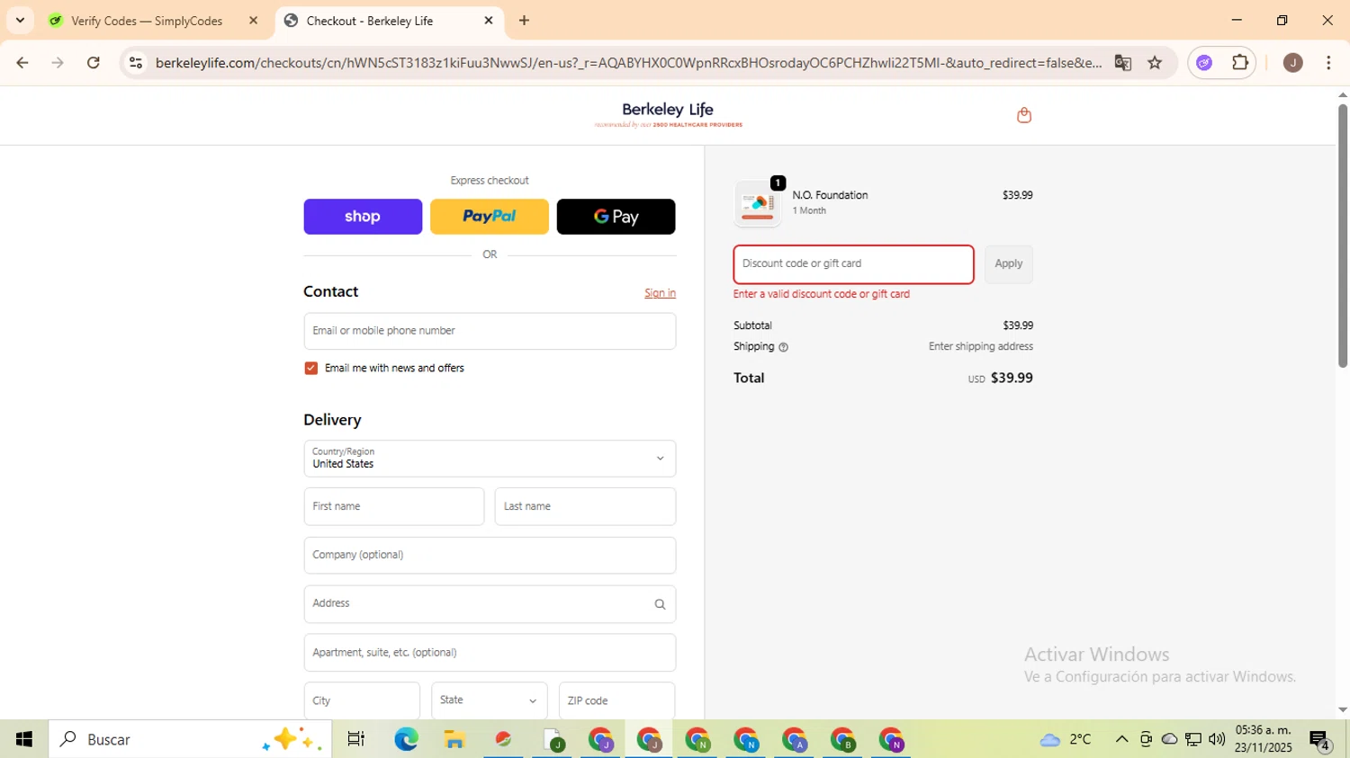 Berkeley Life coupon code screenshot showing code NITRIC15 applied at Berkeley Life checkout page. Uploaded by SimplyCodes community member ValiantHero2365 on Nov 23, 2025