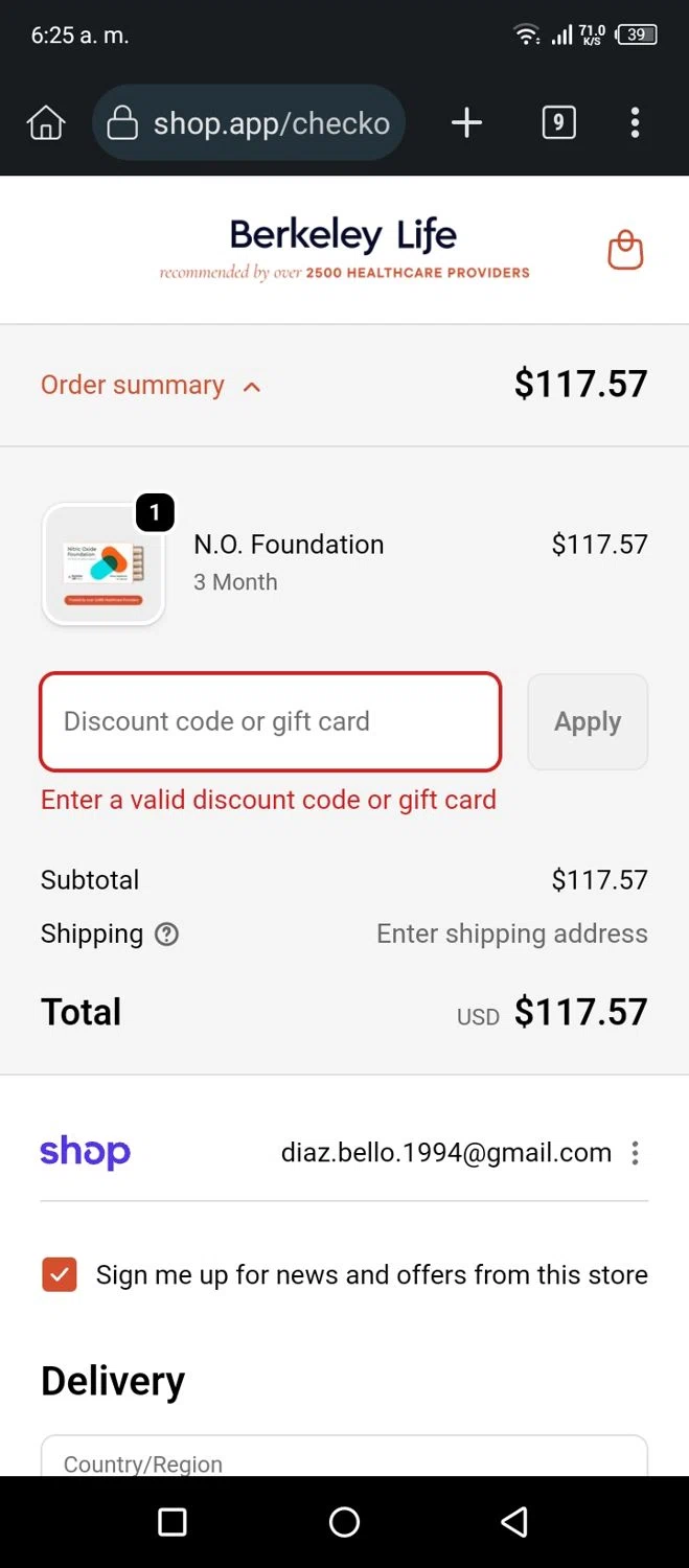Berkeley Life coupon code screenshot showing code AGINGWELL15 applied at Berkeley Life checkout page. Uploaded by SimplyCodes community member AnthonyGuapeton94 on Nov 23, 2025