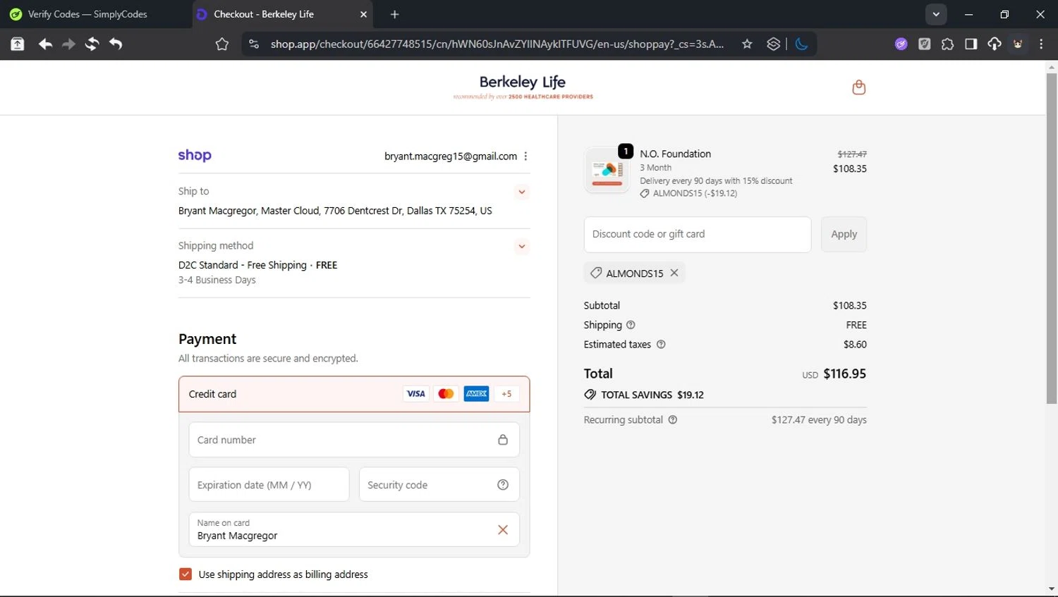 Berkeley Life coupon code screenshot showing code ALMONDS15 applied at Berkeley Life checkout page. Uploaded by SimplyCodes community member BudgetCollector3125 on Dec 3, 2025