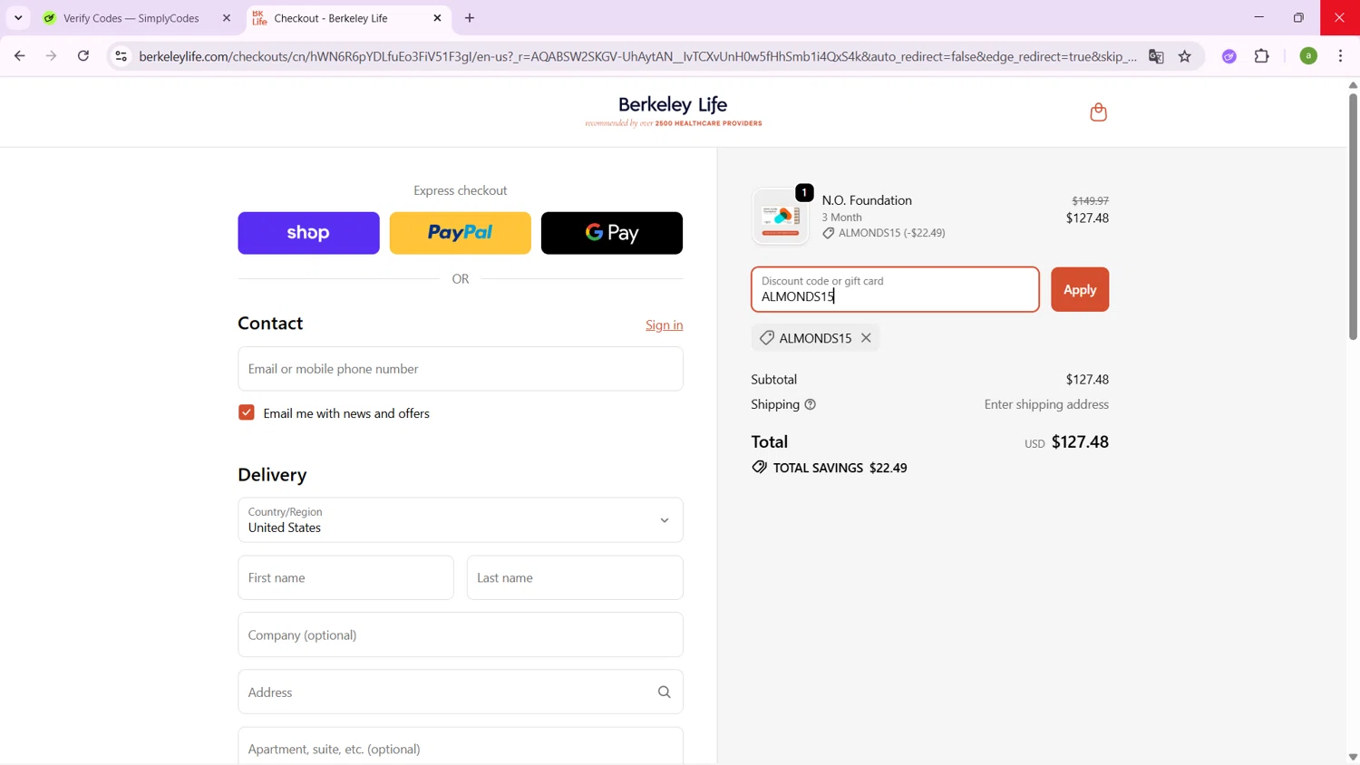 Berkeley Life coupon code screenshot showing code ALMONDS15 applied at Berkeley Life checkout page. Uploaded by SimplyCodes community member SavingsHero9122 on Dec 14, 2025