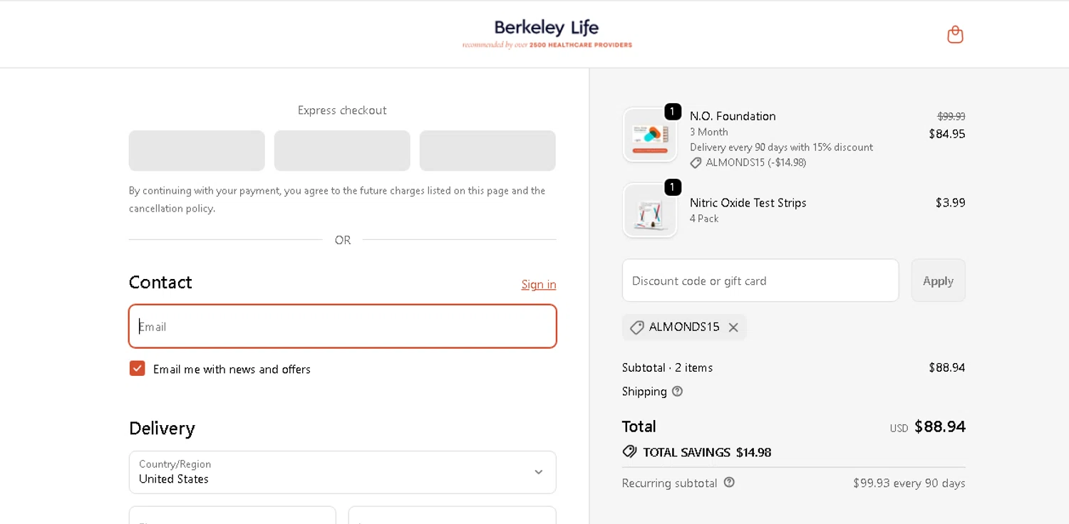 Berkeley Life coupon code screenshot showing code ALMONDS15 applied at Berkeley Life checkout page. Uploaded by SimplyCodes community member shark12 on Nov 23, 2025