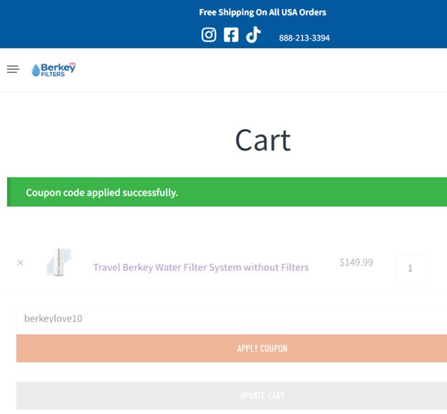 Berkey Filters checkout page showing Berkey Filters coupon code box | Screenshot taken by SimplyCodes community member on Aug 12, 2025