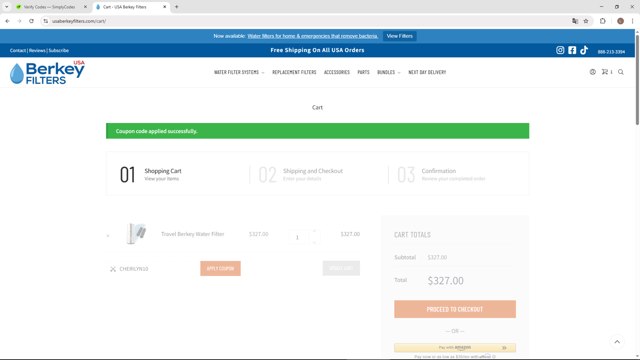 Berkey Filters checkout page showing Berkey Filters coupon code box | Screenshot taken by SimplyCodes community member on Jul 23, 2025