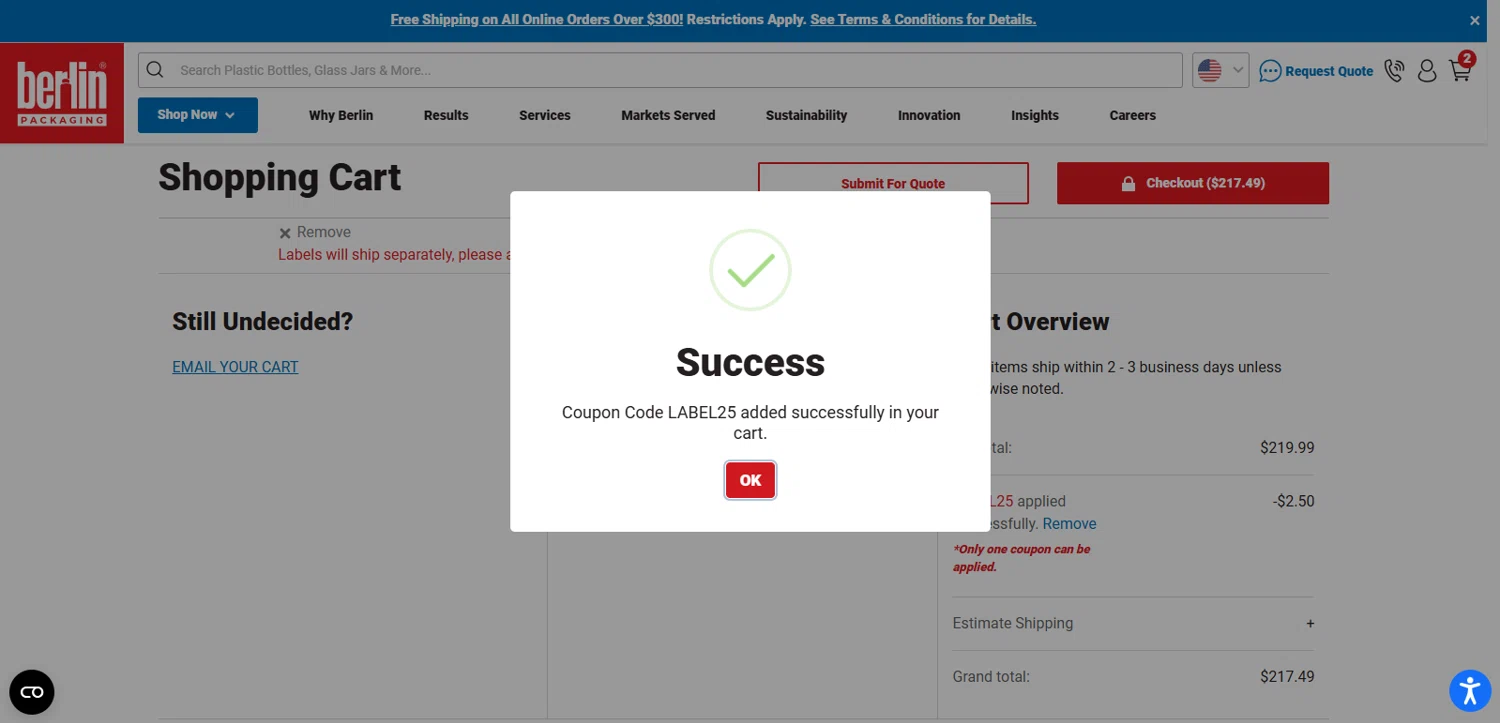 Berlin Packaging coupon code screenshot showing code LABEL25 applied at Berlin Packaging checkout page. Uploaded by SimplyCodes community member Beatrizsilva31 on Jul 29, 2025