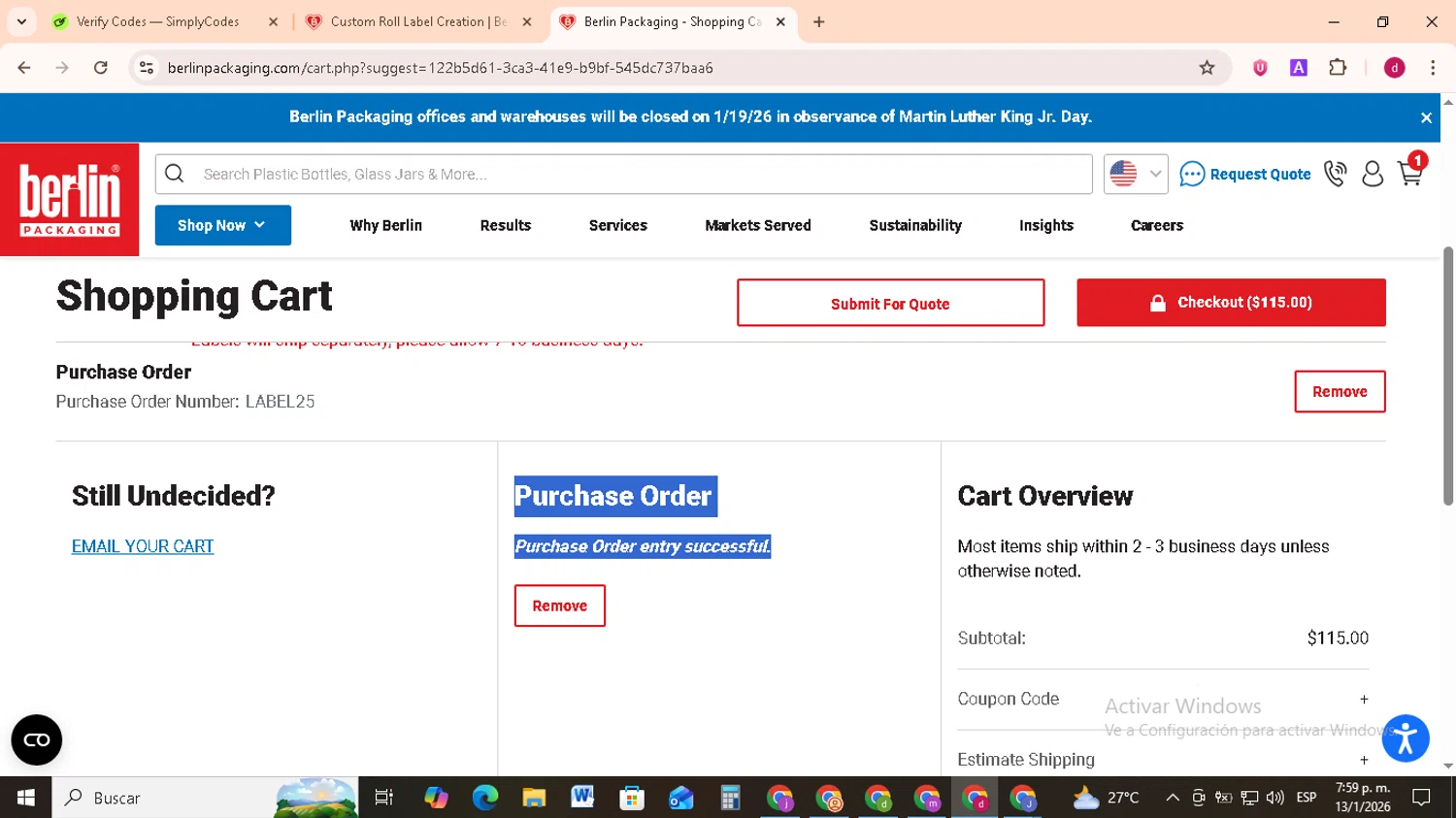 Berlin Packaging coupon code screenshot showing code LABEL25 applied at Berlin Packaging checkout page. Uploaded by SimplyCodes community member FrugalMonarch7277 on Jan 13, 2026