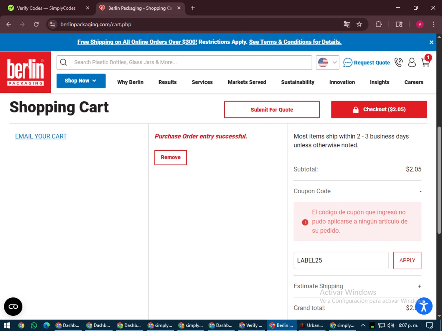 Berlin Packaging coupon code screenshot showing code LABEL25 applied at Berlin Packaging checkout page. Uploaded by SimplyCodes community member ShieldEagle6102 on Jul 29, 2025