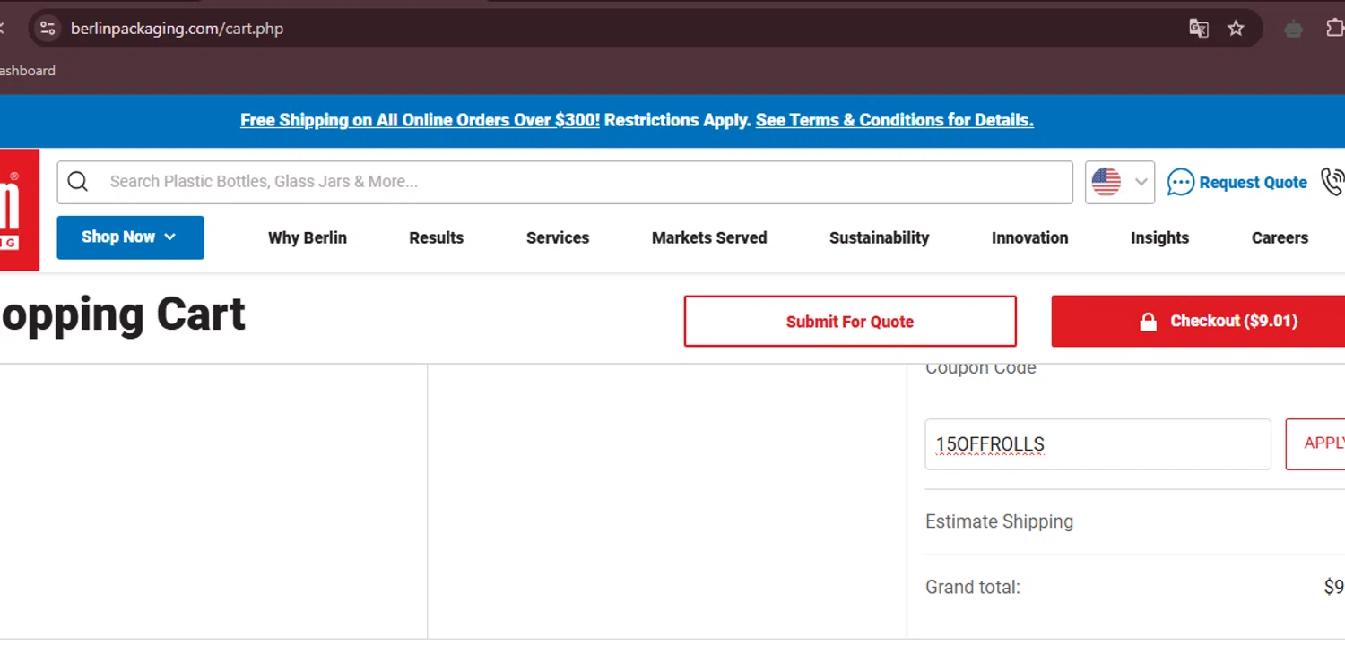 Berlin Packaging coupon code screenshot showing code 15OFFROLLS applied at Berlin Packaging checkout page. Uploaded by SimplyCodes community member BrolySama on Apr 16, 2025