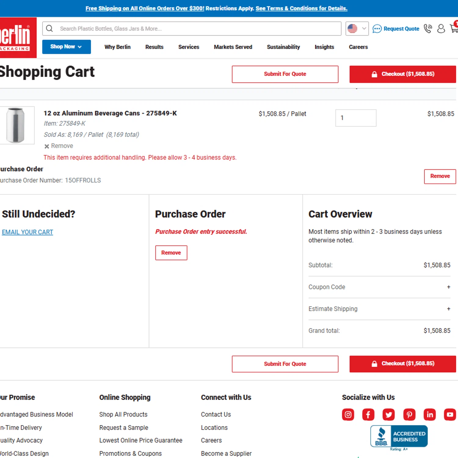 Berlin Packaging coupon code screenshot showing code 15OFFROLLS applied at Berlin Packaging checkout page. Uploaded by SimplyCodes community member reggiesmith on Jan 21, 2026