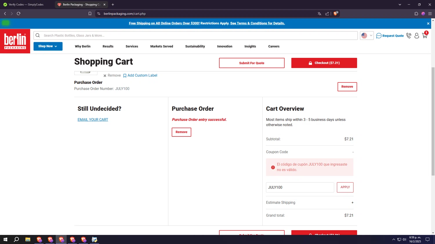 Berlin Packaging coupon code screenshot showing code JULY100 applied at Berlin Packaging checkout page. Uploaded by SimplyCodes community member usercod909090 on Feb 16, 2025