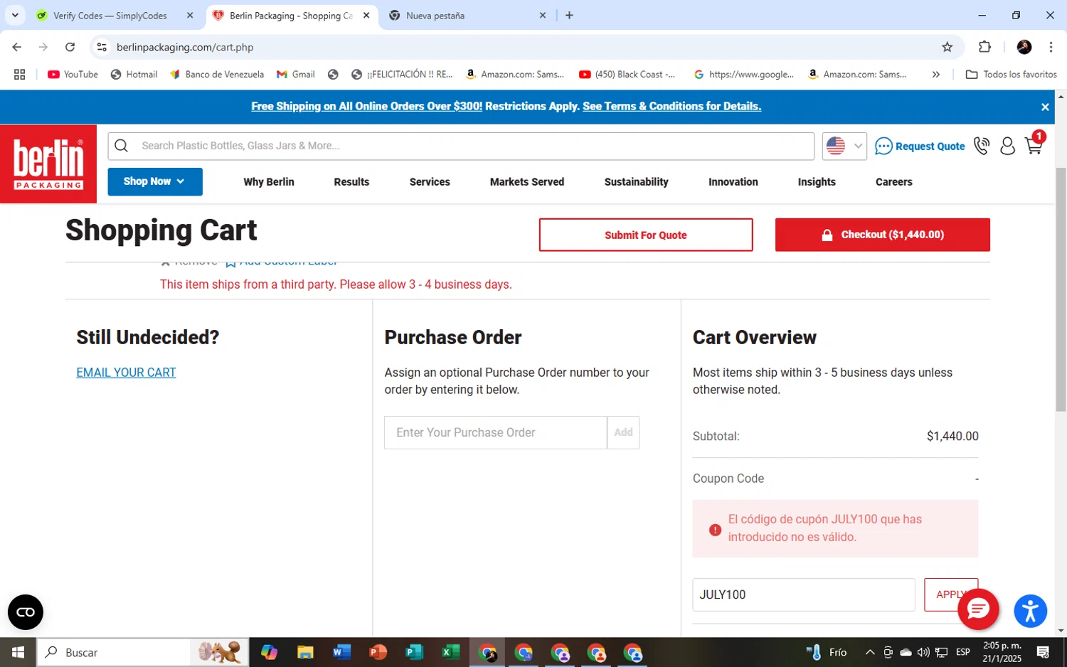 Berlin Packaging coupon code screenshot showing code JULY100 applied at Berlin Packaging checkout page. Uploaded by SimplyCodes community member WiseScholar9036 on Jan 21, 2025