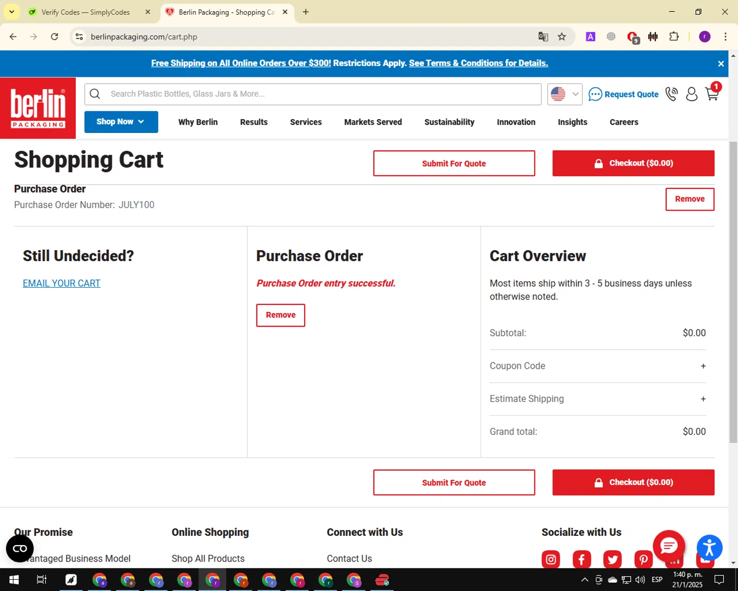 Berlin Packaging coupon code screenshot showing code JULY100 applied at Berlin Packaging checkout page. Uploaded by SimplyCodes community member ThriftyCaptain4977 on Jan 21, 2025