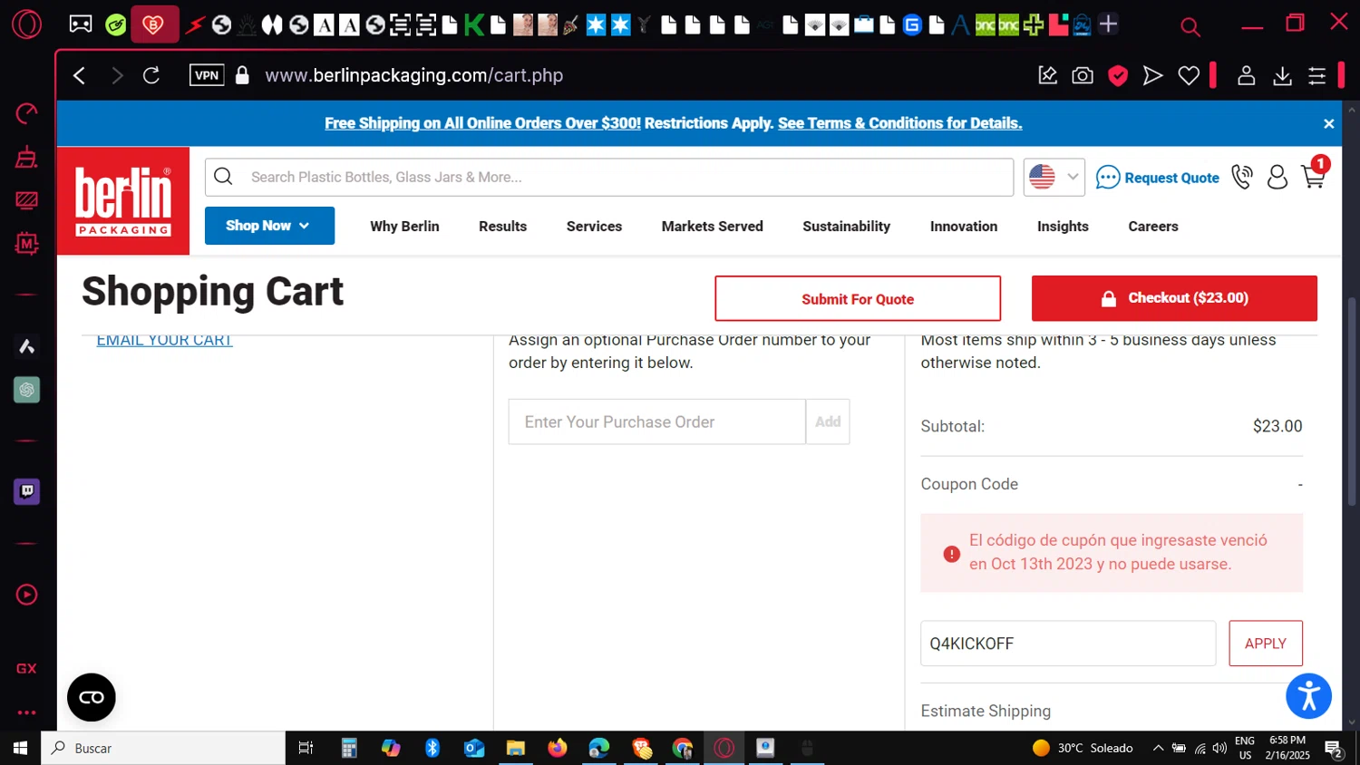 Berlin Packaging coupon code screenshot showing code Q4KICKOFF applied at Berlin Packaging checkout page. Uploaded by SimplyCodes community member guest_623525963 on Feb 16, 2025