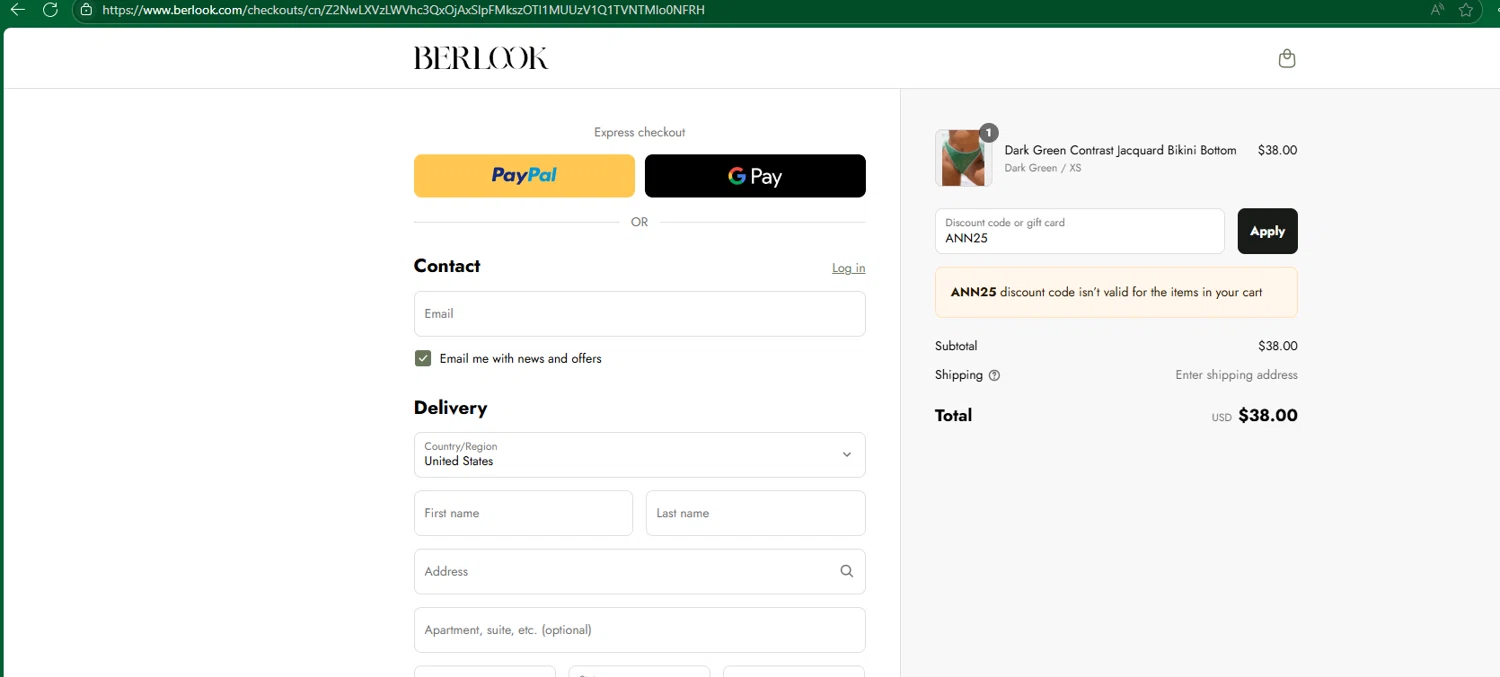 BERLOOK discount code screenshot showing code ANN25 applied at BERLOOK checkout page. Uploaded by SimplyCodes community member chepipro on Jul 5, 2025