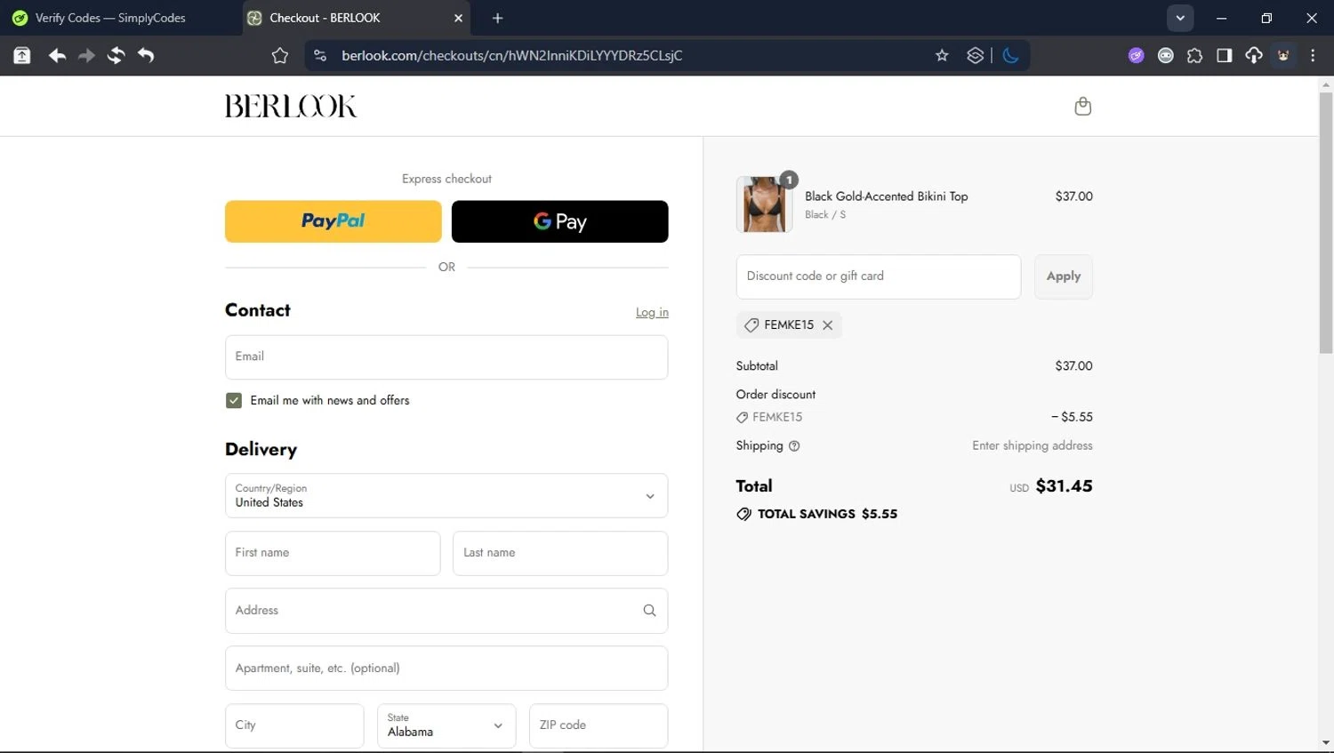 BERLOOK discount code screenshot showing code FEMKE15 applied at BERLOOK checkout page. Uploaded by SimplyCodes community member User_Randon1 on Aug 28, 2025