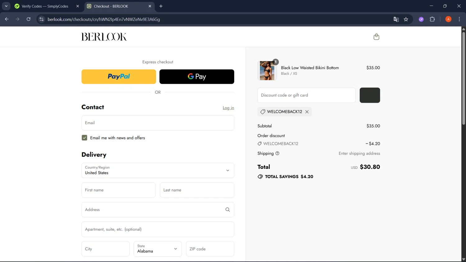 BERLOOK discount code screenshot showing code welcomeback12 applied at BERLOOK checkout page. Uploaded by SimplyCodes community member GoldChaser2970 on Aug 28, 2025